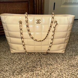Chanel Cream Quilted Tote with Gold Chain